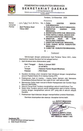 Besok Apel Perdana Pemkab Minahasa 2021