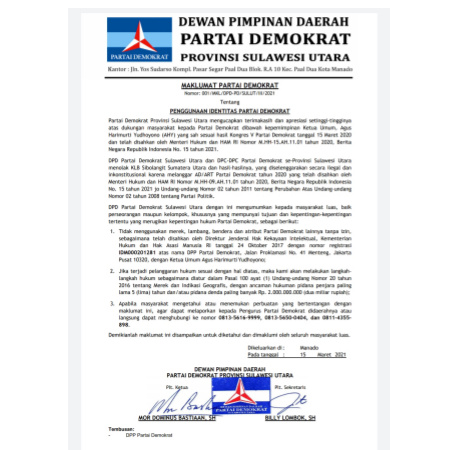 DPD Demokrat Sulut Terbitkan Maklumat Penggunaan Identitas Partai