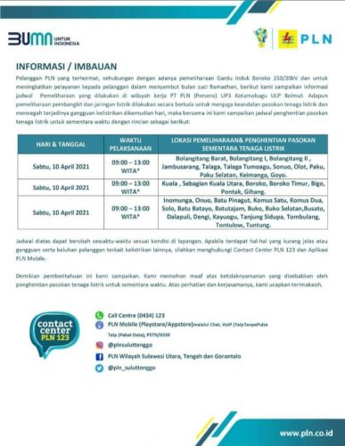 Besok, PLN Jadwalkan Padamkan Listrik di Sejumlah Area di Bolmut