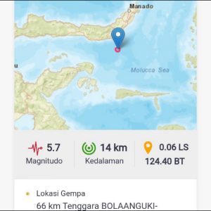 Gempa Kembali Guncang Sulut, Magnitudo 5,7