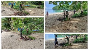 Aksi Jumat Bersih, Babinsa Tamako dan Warga Bersihkan Sampah di Pantai Kapehetang
