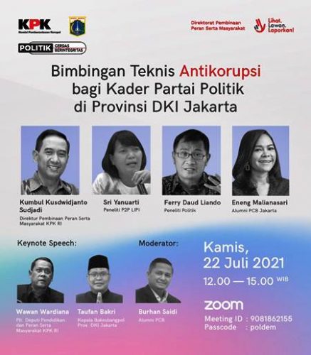 Bimbingan Teknis Antikorupsi bagi Kader Partai Politik di Provinsi DKI Jakarta yang disiarkan secara virtual zoom meeting, Kamis (22/7/2021) siang