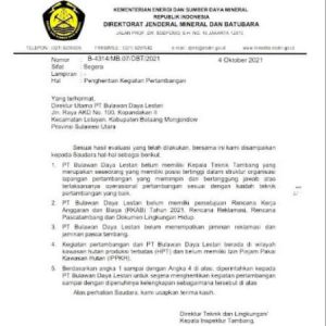 Pemerintah Pusat Hentikan Aktifitas Tambang PT BDL di Bolmong