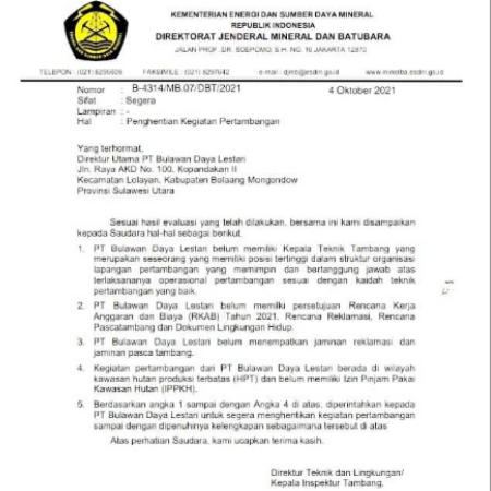 Pemerintah Pusat Hentikan Aktifitas Tambang PT BDL di Bolmong