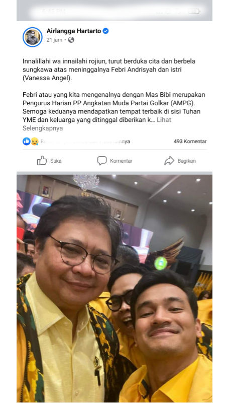 Kadernya Meninggal, Ini Ungkapan Belasungkawa Ketua Umum Golkar Airlangga Hartarto untuk Febri Andrisyah dan Vanessa Angel