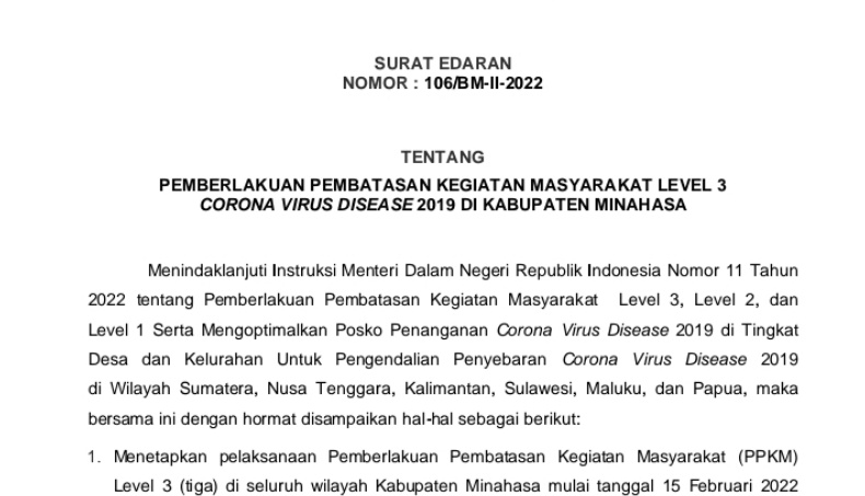 Bupati Royke Roring Terbitkan Surat Edaran Terkait PPKM Level Tiga di Minahasa