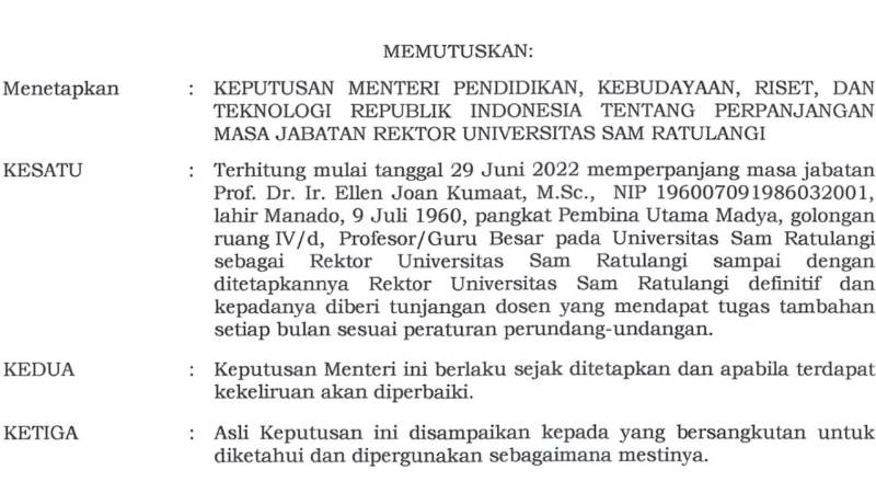 Jabatan Rektor Unsrat Ellen Kumaat Resmi Diperpanjang
