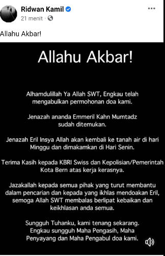 Jenazah Eril Ditemukan, Ridwan Kamil: Kami Tenang Sekarang