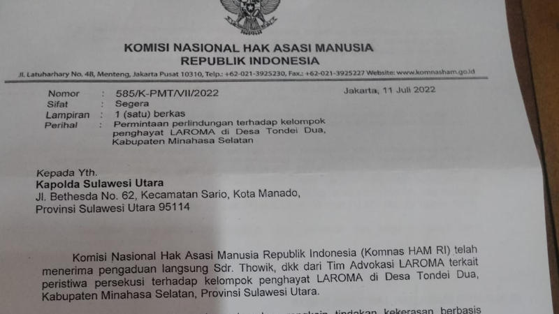 Komnas HAM Minta Polda Sulut Beri Perlindungan Hukum dan Jaminan Keamanan untuk Penghayat LAROMA