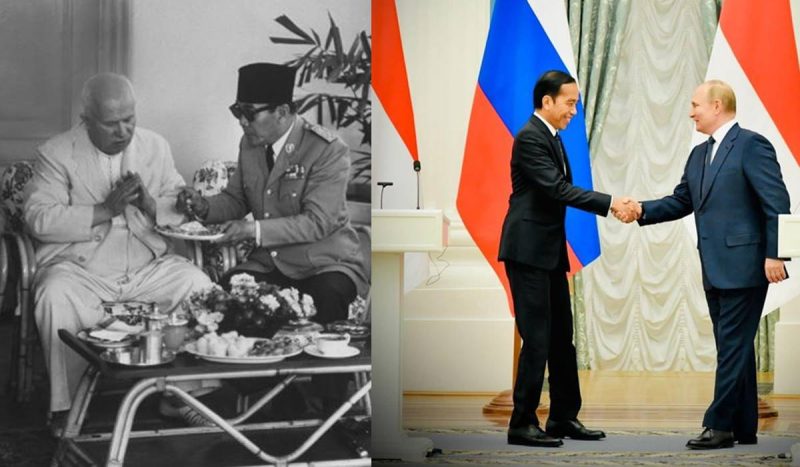 Soekarno dan Nikita Khrushchev (John Dominis/Time Life Pictures), Joko Widodo dan Vladimir Putin (FB Presiden Joko WIdodo)