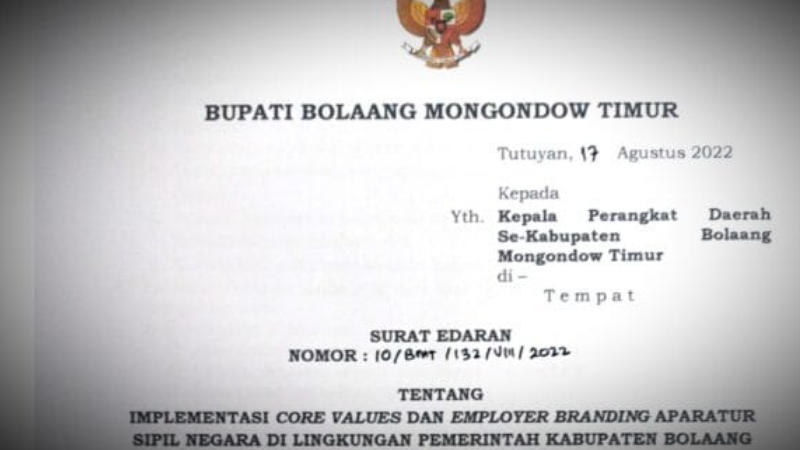 Pemkab Boltim Terbitkan Surat Edaran Implementasi Core Values dan Employer Branding ASN