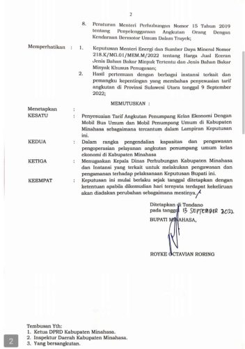Royke Roring Terbitkan Surat Keputusan Tarif Baru Angkutan Umum