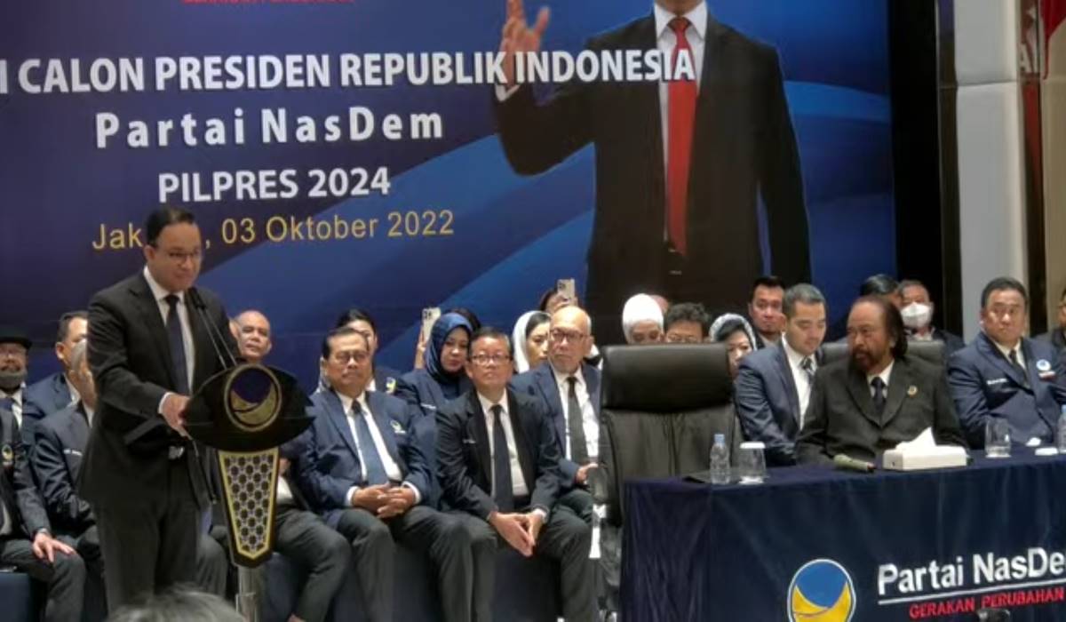 Deklarasi Anies Baswedan sebagai Capres 2024 disampaikan Ketua Umum DPP Partai NasDem, Surya Paloh, di Kantor DPP Partai NasDem atau NasDem Tower, Jakarta Pusat, Senin (3/10/2022).