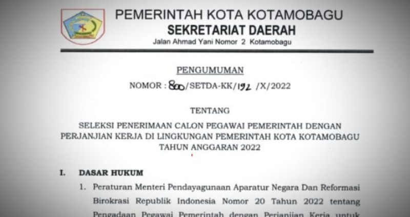 Pemkot Kotamobagu Buka Pendaftaran P3K, Ini Informasinya