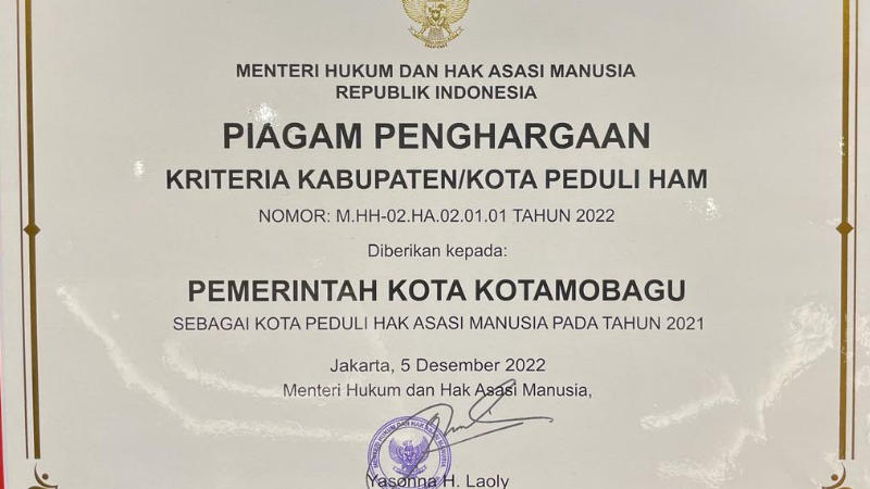 Pemkot Kotamobagu Raih Penghargaan Peduli HAM
