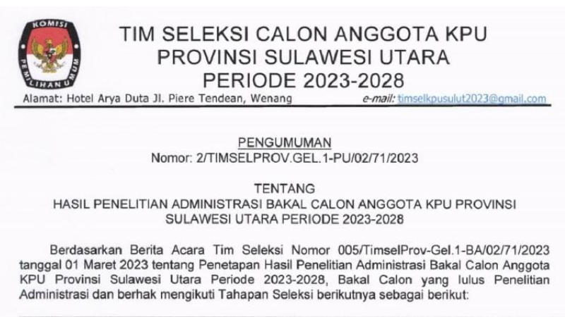 49 Nama Lolos Penelitian Administrasi Calon Anggota KPU Sulut Periode 2023-2028