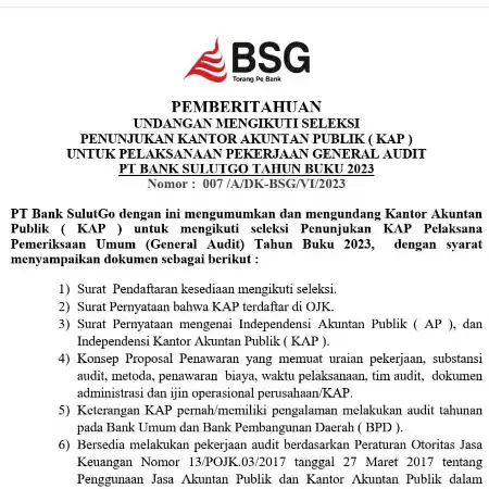 PEMBERITAHUAN: Undangan Mengikuti Seleksi Penunjukan Kantor Akuntan Publik untuk Pelaksanaan Pekerjaan General Audit PT Bank SulutGo Tahun Buku 2023