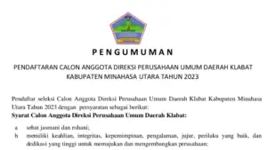 Ini Syarat Calon Direksi PUD Klabat Minut, Pendaftaran Ditutup 21 September 2023