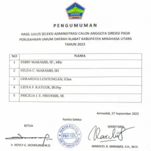 Pansel Umumkan 5 Calon Dirut PUD Klabat Hasil Seleksi Administrasi