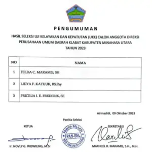 3 Keke Minut Lolos Uji Kelayakan dan Kepatutan Calon Direksi PUD Klabat