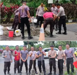 Jalan Sukarno Kerap Memakan Korban, Polisi di Minahasa Utara Inisiatif ‘Angkat Sekop’ Tambal Lubang
