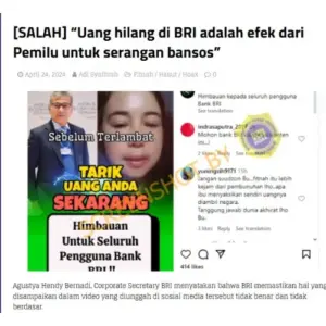 CEK FAKTA: Nasabah BRI Kehilangan Uang di Rekening karena Baksos Pemilu, Benarkah?