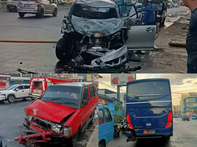 Satu Kendaraan Terbakar, Avanza Versus Kijang dan Bus TNI-AU di Paal Dua