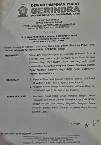 Ini Susunan Personalia DPD Partai Gerindra Sulut per 20 Juni 2024