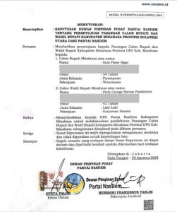 PILKADA MINAHASA: Partai NasDem Terbitkan B1 KWK untuk Susi Sigar – Perly Pandeiroot