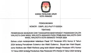KPU Manado Buka Tanggapan Masyarakat Untuk Paslon Wali Kota dan Wakil Wali Kota Manado Tahun 2024 