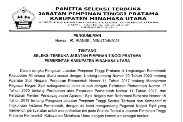 Pemkab Minahasa Utara Umumkan Seleksi Terbuka untuk Lima Jabatan Kadis