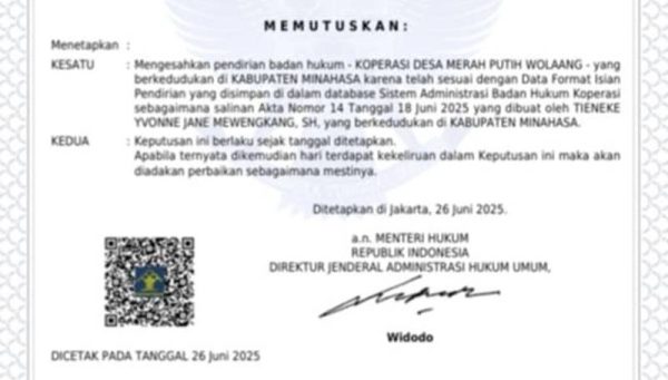 Koperasi Merah Putih Desa Wolaang Resmi Berbadan Hukum