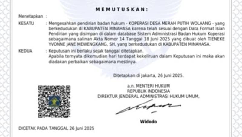 Koperasi Merah Putih Desa Wolaang Resmi Berbadan Hukum