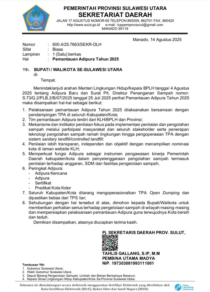 Pemantauan Adipura 2025, Kabupaten Kota Diminta Serius Kelola Sampah