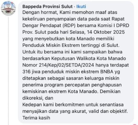 Kota Manado Dicap Kemiskinan Ekstrem Tertinggi, Bappeda Sulut Kini Minta Maaf di Sosmed 9 Kota Manado Dicap Kemiskinan Ekstrem Tertinggi, Bappeda Sulut Kini Minta Maaf di Sosmed
