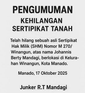 Pengumuman Kehilangan Sertipikat Tanah