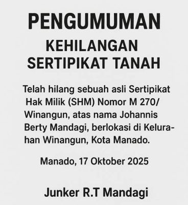 Pengumuman Kehilangan Sertipikat Tanah