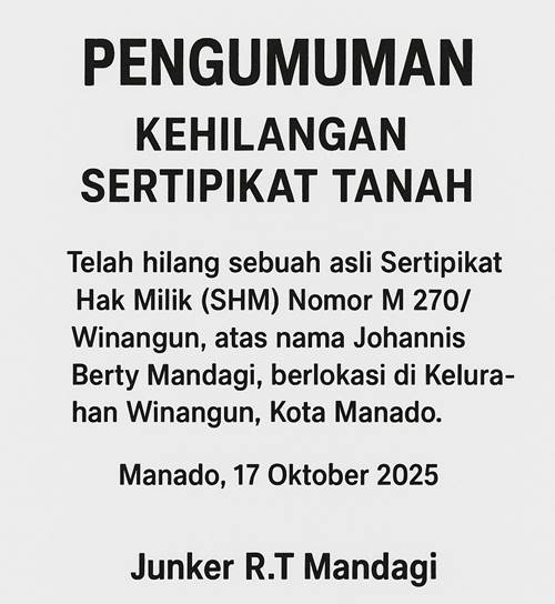 Pengumuman Kehilangan Sertipikat Tanah