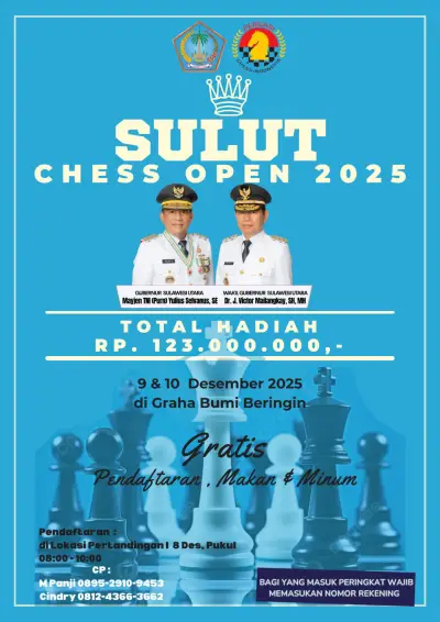 Sulut Chess Open 2025 Digelar: Total Hadiah Rp123 Juta, Bukti Kepedulian Gubernur pada Dunia Olahraga