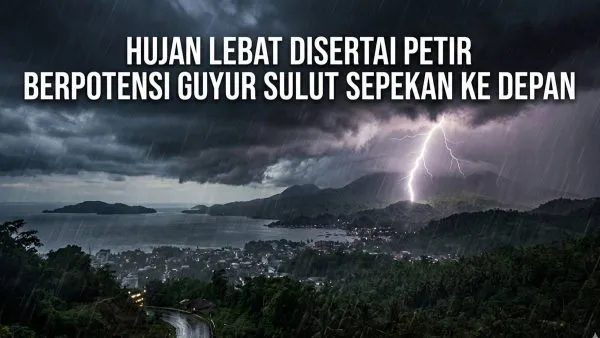 Ilustrasi cuaca hujan lebat disertai petir di wilayah Sulawesi Utara. BMKG mengeluarkan peringatan dini berlaku 9–15 Maret 2026.