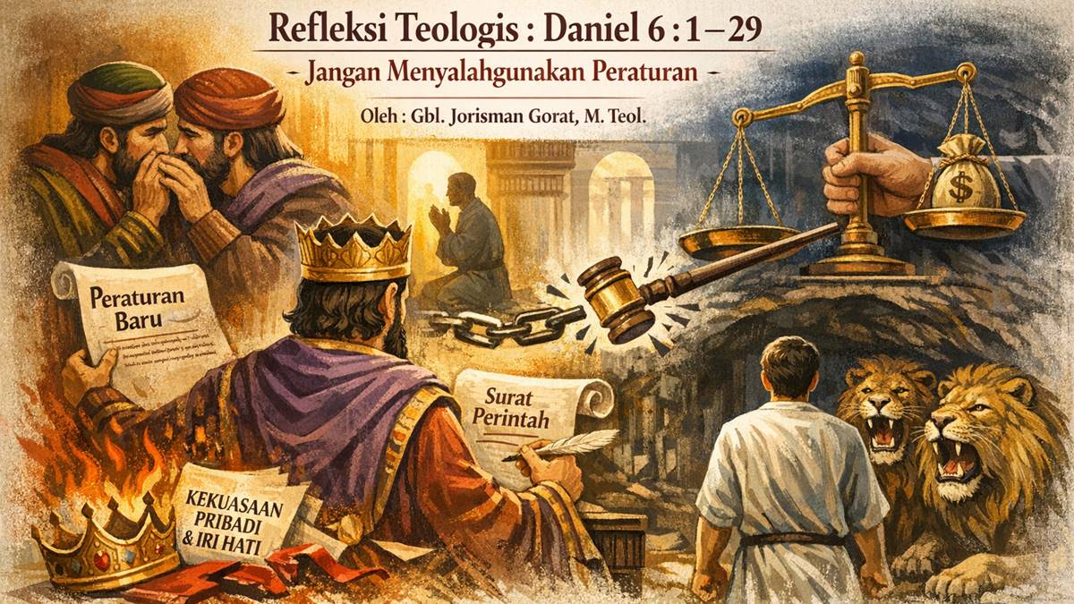 Ilustrasi Daniel di gua singa sebagai refleksi teologis tentang peraturan yang disalahgunakan dan integritas iman di tengah tekanan