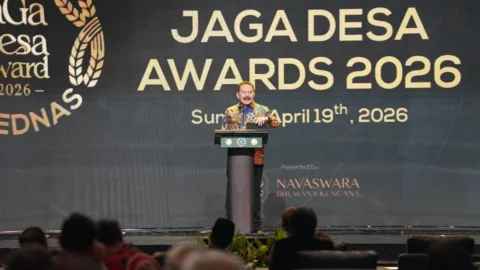 Jaksa Agung ST Burhanuddin saat menyampaikan arahan larangan kriminalisasi aparat desa di acara Jaksa Garda Desa Jakarta 2026.