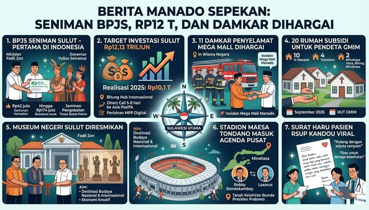 Berita Manado Sepekan: Seniman BPJS, Rp12 T, dan Damkar Dihargai 1 Berita Manado sepekan: Sulut pertama lindungi seniman via BPJS, investasi Rp12,13 T, 11 Damkar Mega Mall dihargai Gubernur Sulawesi Utara.