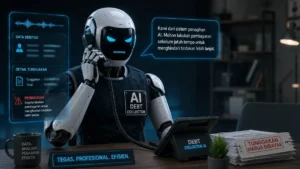 Ilustrasi debt collector AI robot menelepon debitur secara otomatis menggantikan penagih utang manusia