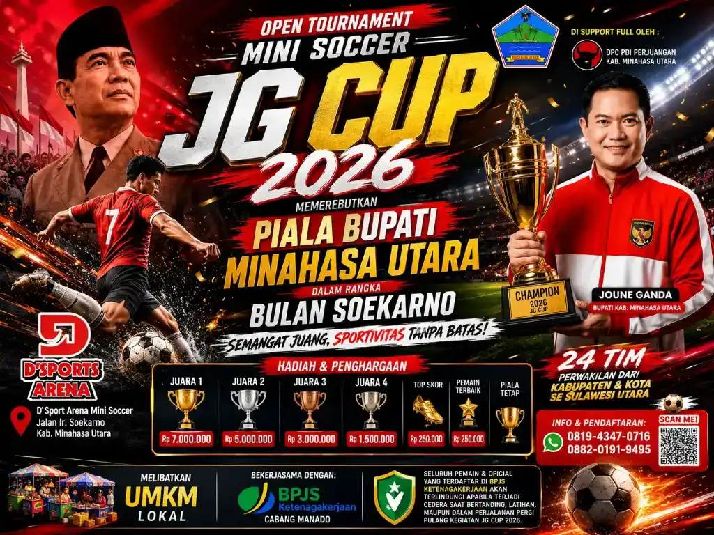 Meriahkan Bulan Bung Karno, Turnamen Mini Soccer JG Cup 2026 Perebutkan Piala Bupati Minahasa Utara