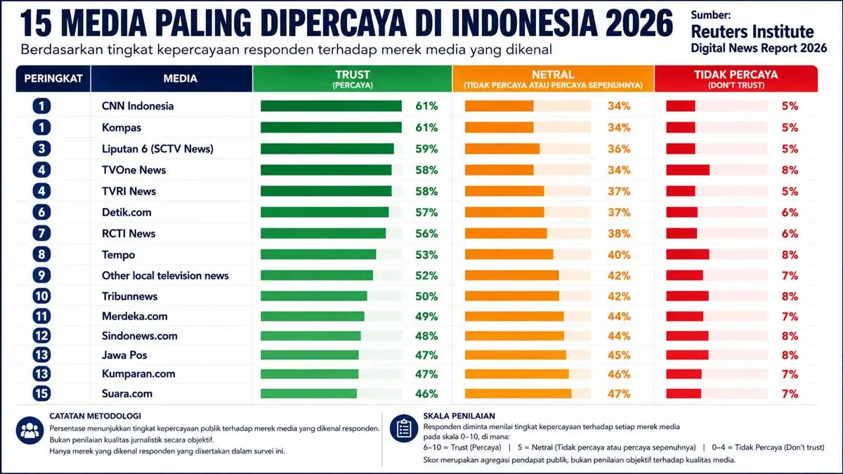 Infografis Reuters Institute Digital News Report 2026 tentang tingkat kepercayaan publik terhadap media di Indonesia. CNN Indonesia dan Kompas mencatat tingkat kepercayaan tertinggi sebesar 61 persen, diikuti Liputan 6 sebesar 59 persen, TVOne News dan TVRI News masing-masing 58 persen. Grafik juga menampilkan persentase netral dan tidak percaya untuk 15 merek media yang disurvei.