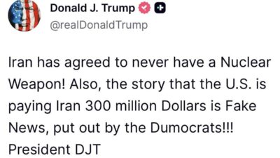 Unggahan Trump di Truth Social soal Iran sepakat tidak miliki senjata nuklir dan bantahan bayaran 300 juta dolar