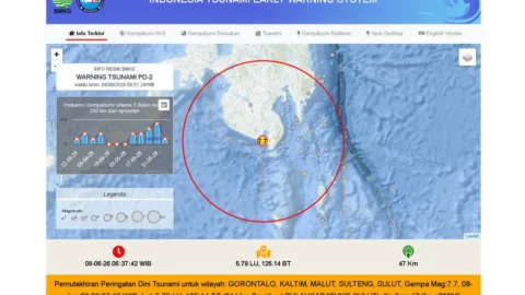 Peta peringatan dini tsunami BMKG gempa M7,7 Mindanao Filipina 8 Juni 2026 berdampak ke Sulawesi Utara Gorontalo Maluku Utara