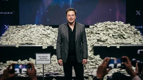 Ilustrasi digital generasi AI yang menggambarkan lonjakan kekayaan Elon Musk pasca-IPO SpaceX. Nilai asetnya kini menembus angka fantastis 1,1 triliun Dolar AS. (Foto: Ilustrasi/AI)