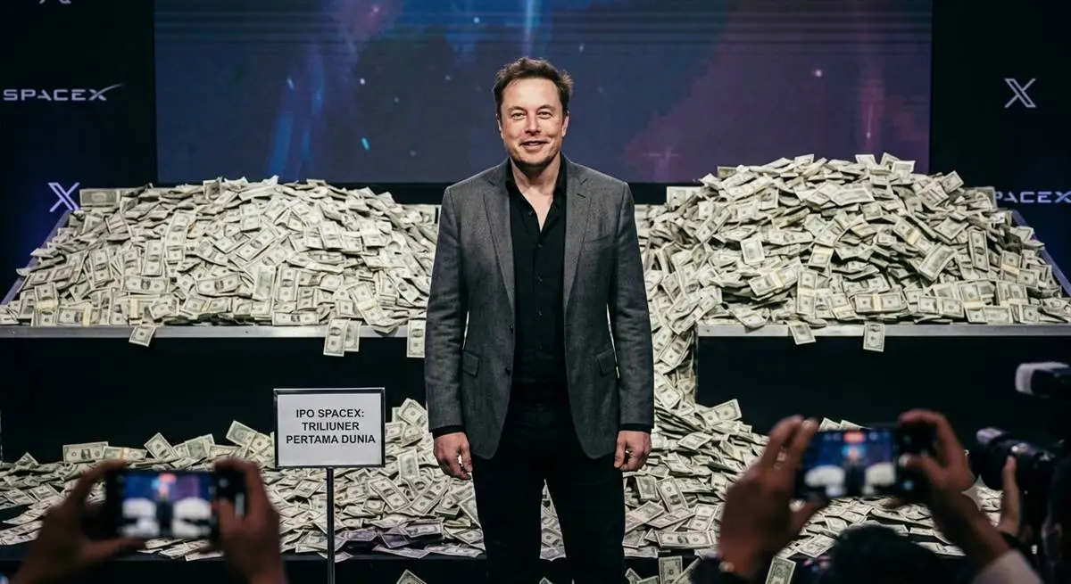 Ilustrasi digital generasi AI yang menggambarkan lonjakan kekayaan Elon Musk pasca-IPO SpaceX. Nilai asetnya kini menembus angka fantastis 1,1 triliun Dolar AS. (Foto: Ilustrasi/AI)